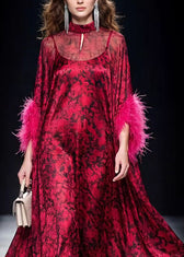Unique Red Print Ruffled Fur Patchwork Chiffon Maxi Dress Spring 2