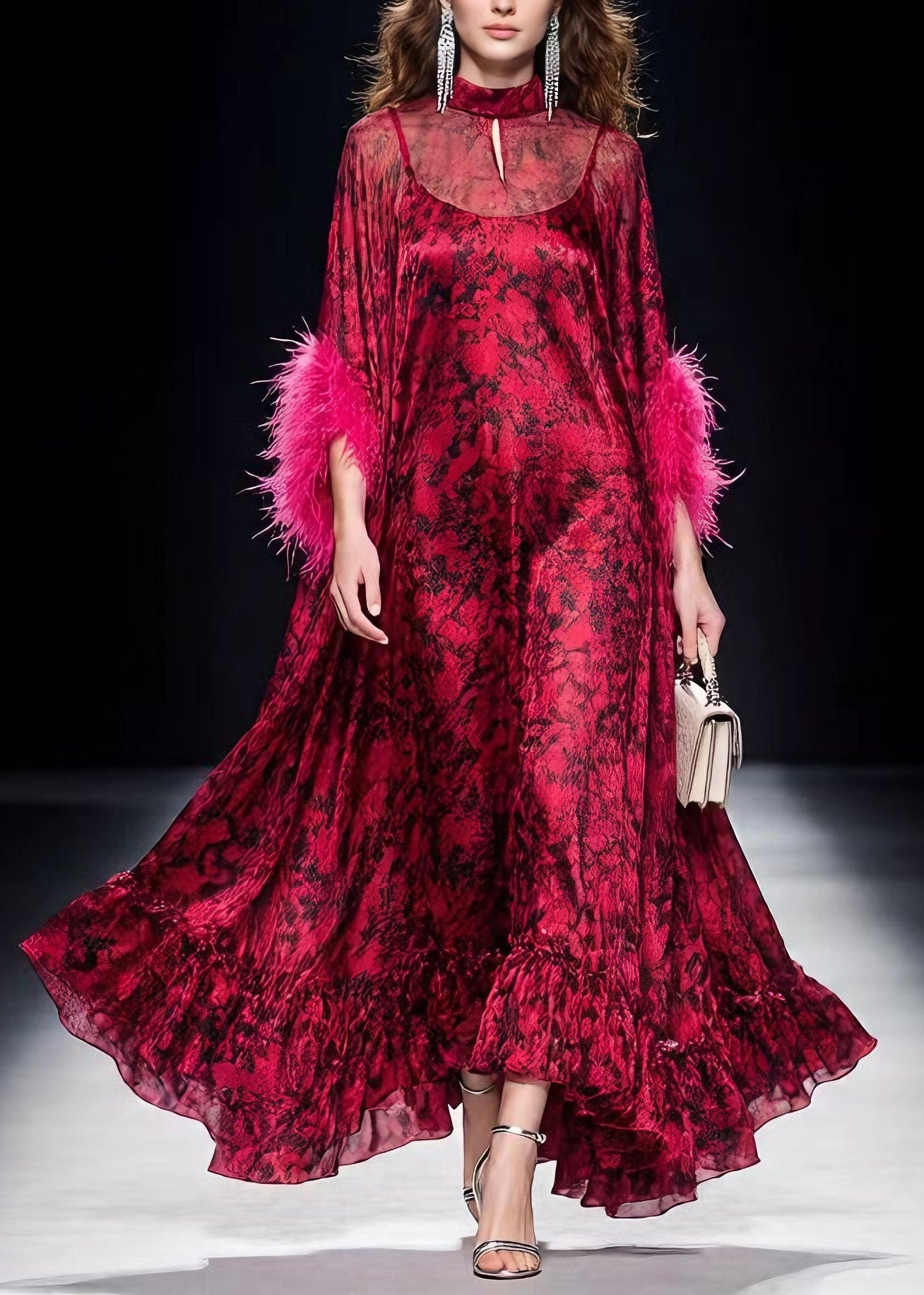Unique Red Print Ruffled Fur Patchwork Chiffon Maxi Dress Spring 3