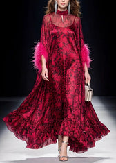 Unique Red Print Ruffled Fur Patchwork Chiffon Maxi Dress Spring 3