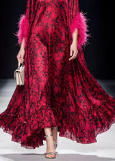 Unique Red Print Ruffled Fur Patchwork Chiffon Maxi Dress Spring 4
