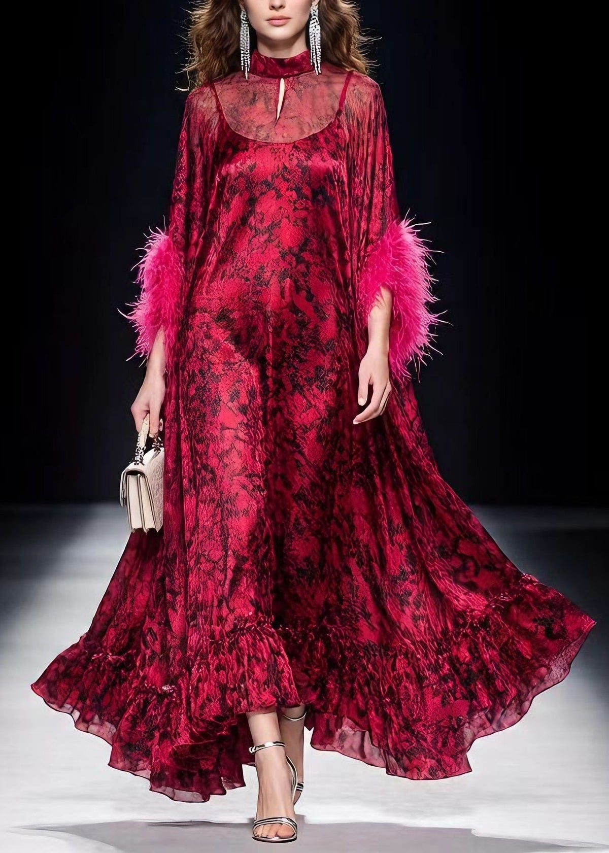 Print Mock Neck Feather Trim Sleeve Ruffle Hem Chiffon Maxi Dress 5
