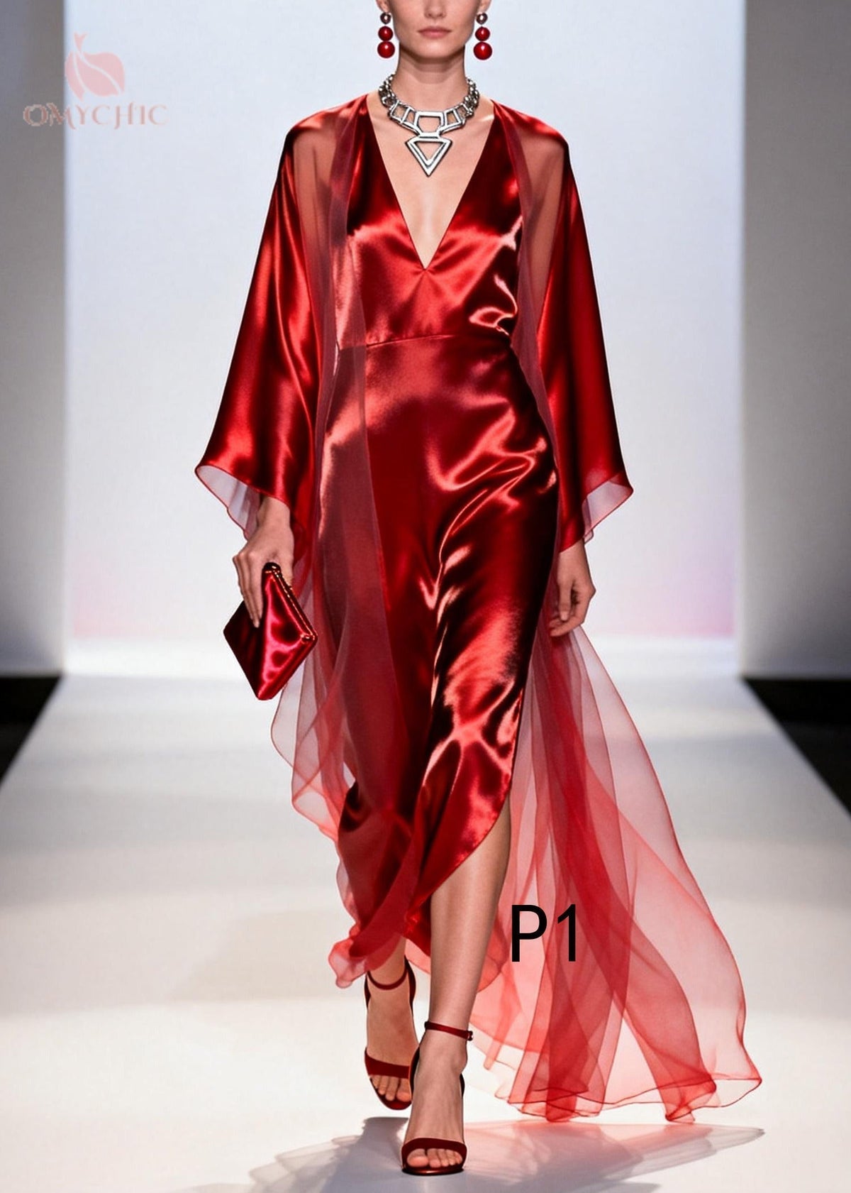 Satin Deep V-Neck Sheer Kimono Sleeve Overlay Maxi Dress