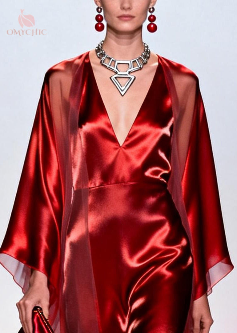 Unique Red V Neck Patchwork Tulle Maxi Dresses Summer - View 5