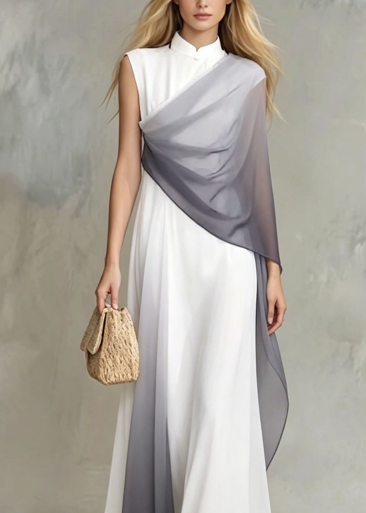 Ombre Gradient Patchwork Mandarin Collar Sleeveless Chiffon Maxi Gown