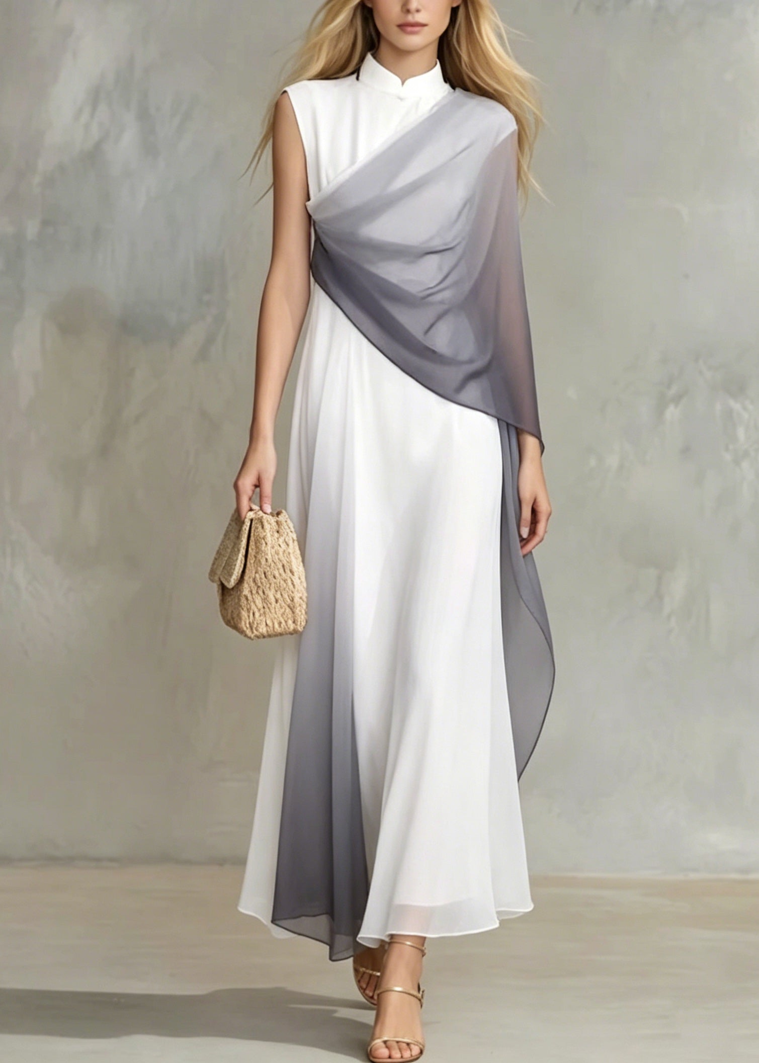 Ombre Gradient Patchwork Mandarin Collar Sleeveless Chiffon Maxi Gown