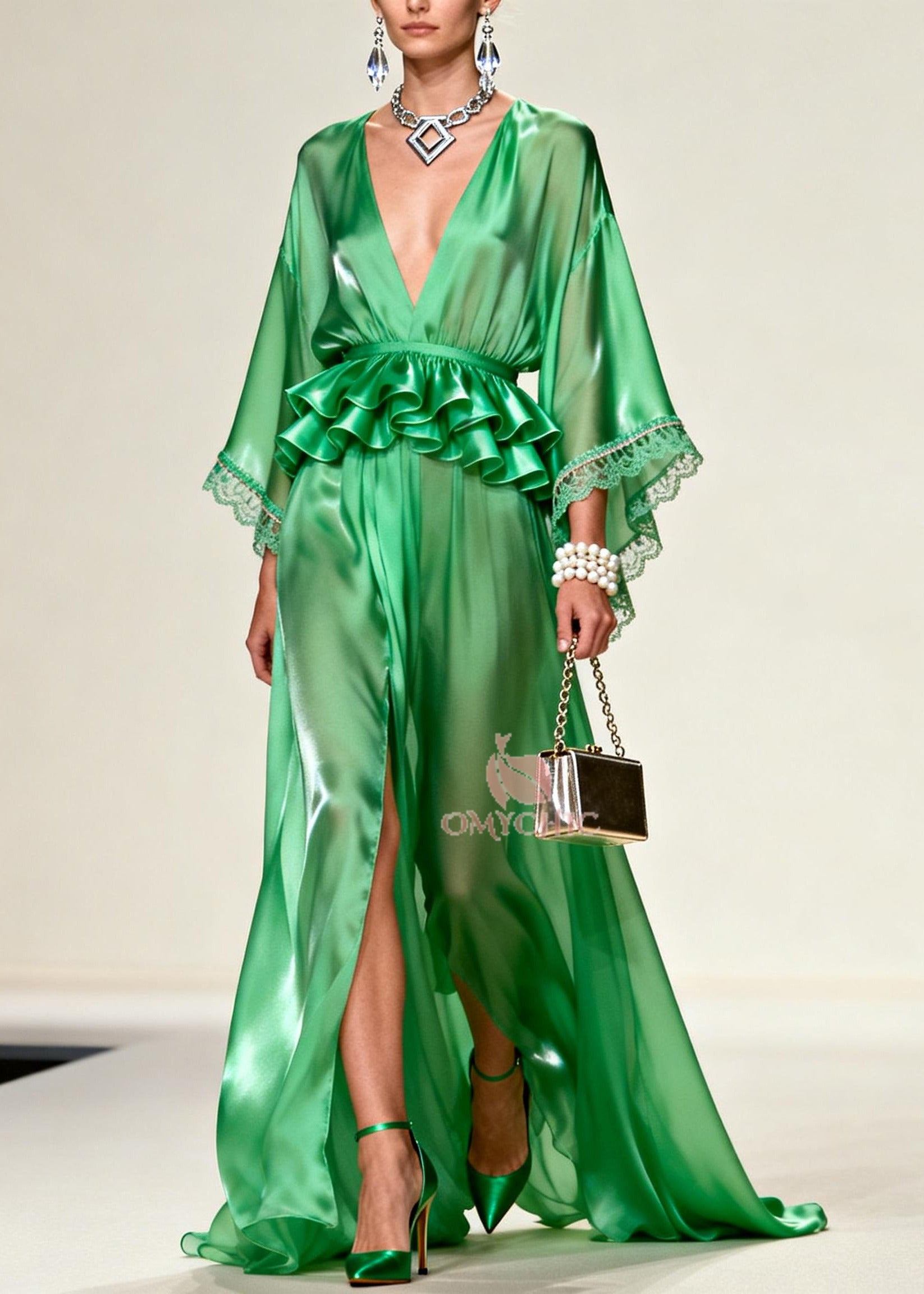 Deep V-Neck Lace Trim Bell Sleeve Peplum Waist High Split Satin Maxi Gown