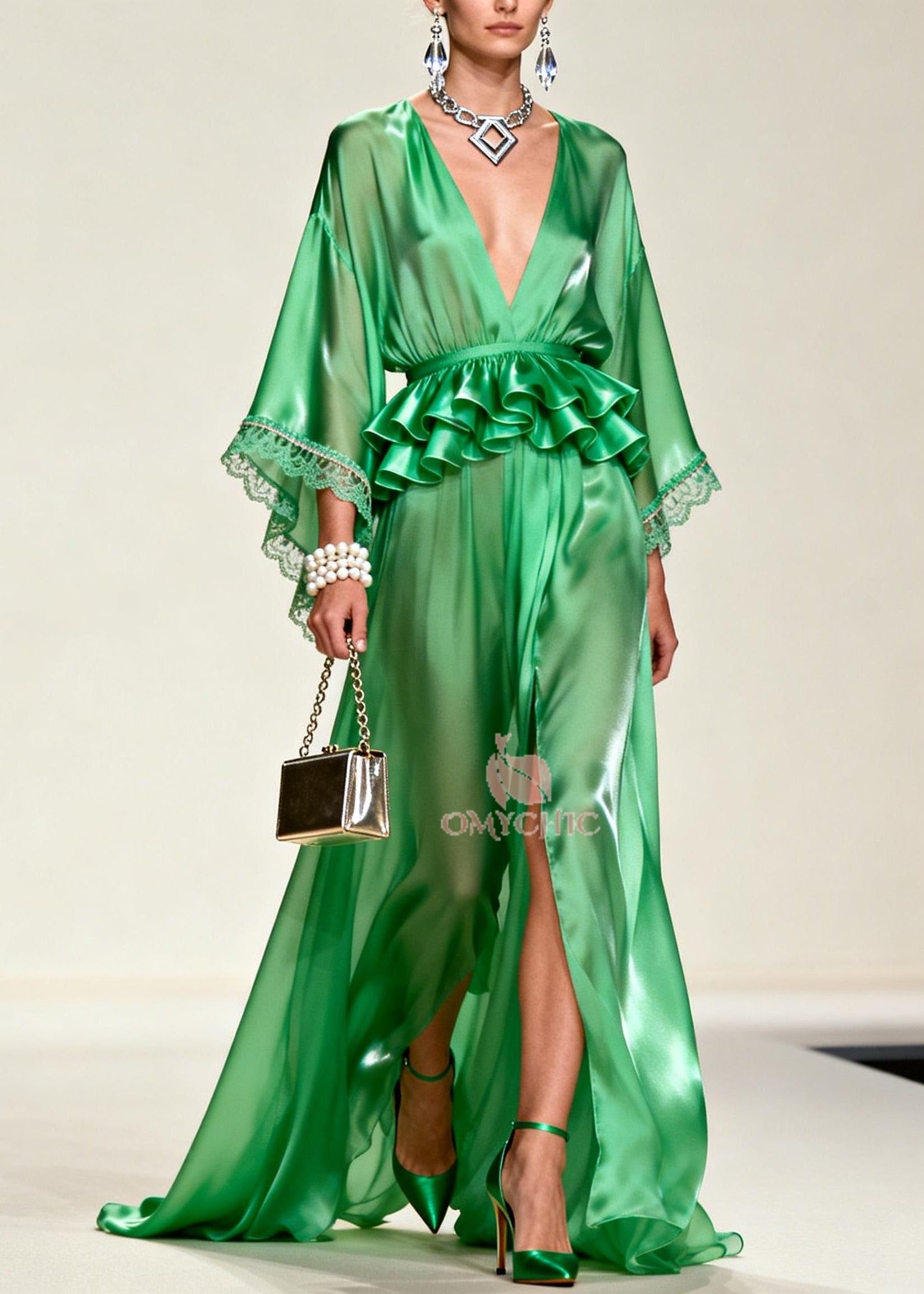 Deep V-Neck Lace Trim Bell Sleeve Peplum Waist High Split Satin Maxi Gown