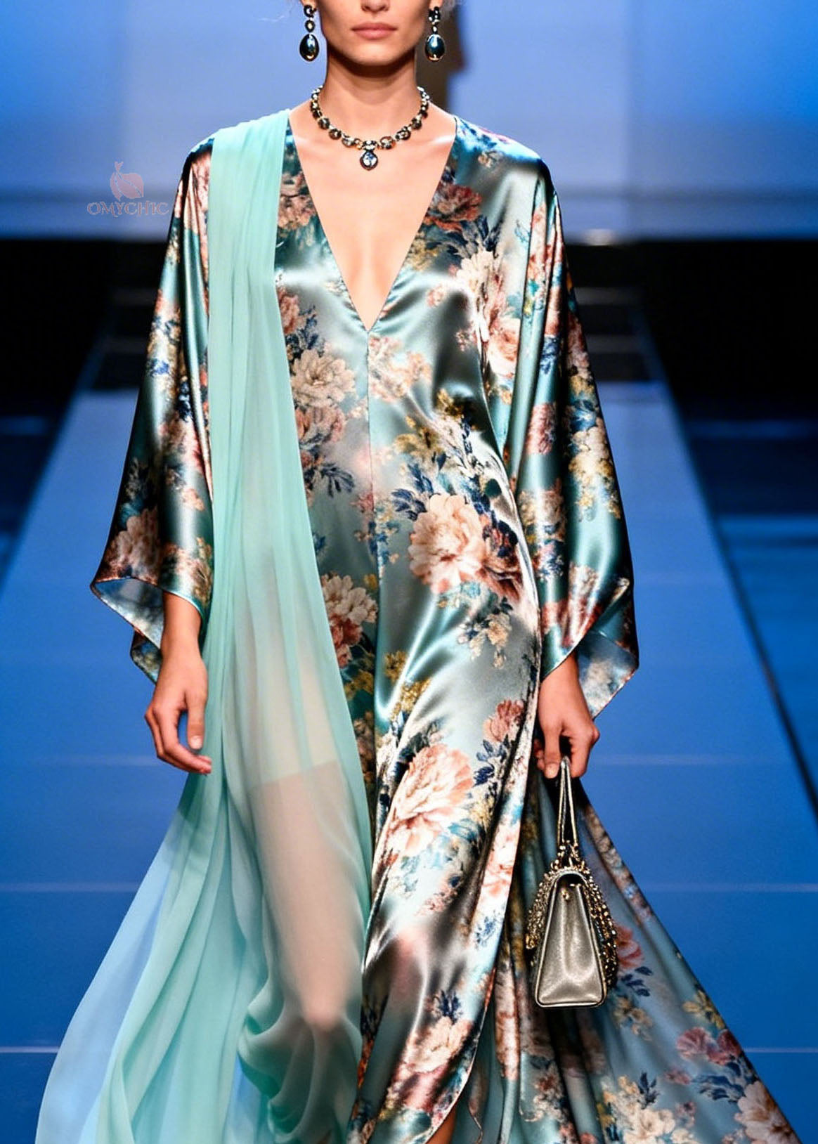 Satin Floral Print Deep V-Neck Kimono Sleeve Sheer Cape Trim High Split Maxi Gown