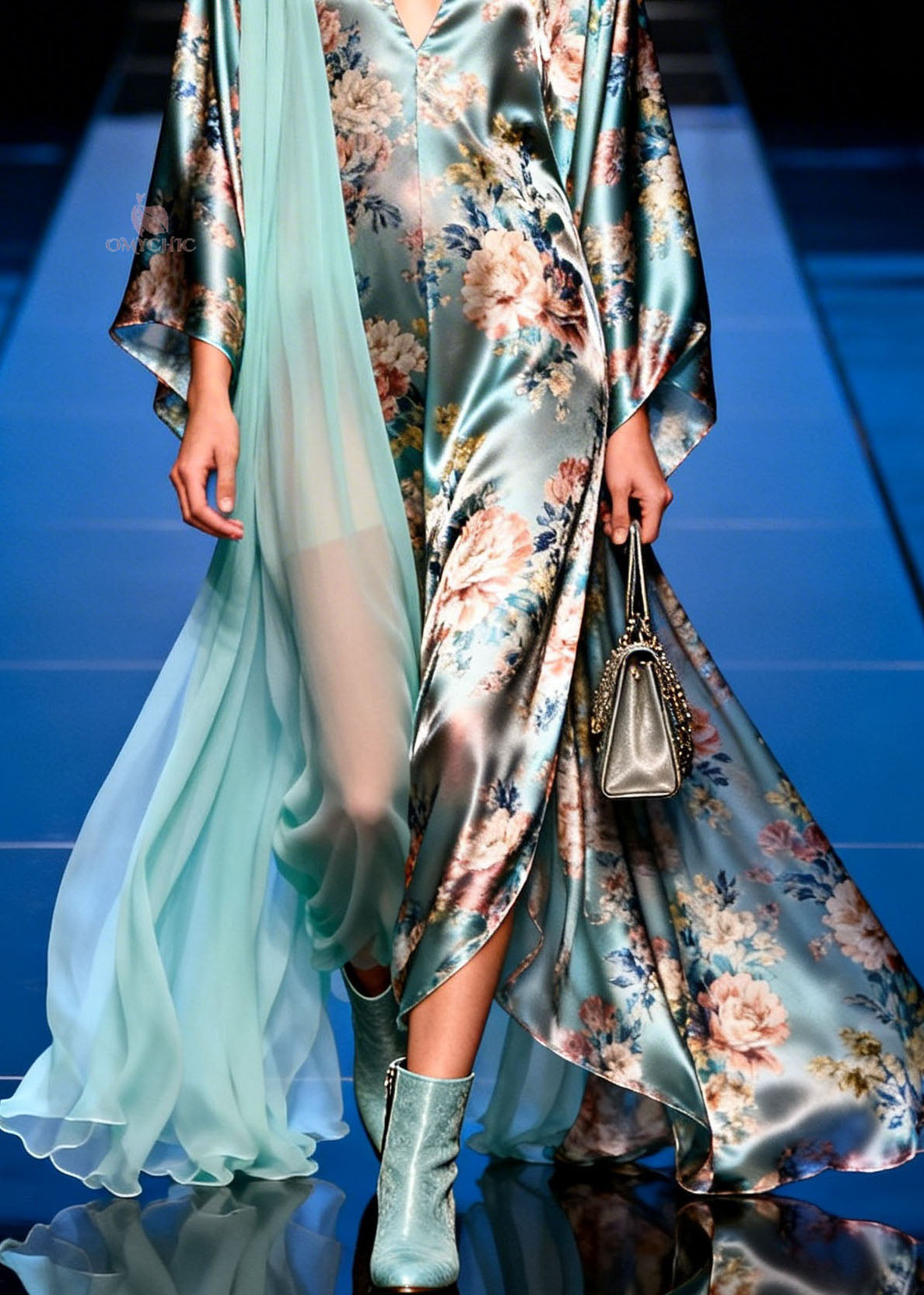 Satin Floral Print Deep V-Neck Kimono Sleeve Sheer Cape Trim High Split Maxi Gown