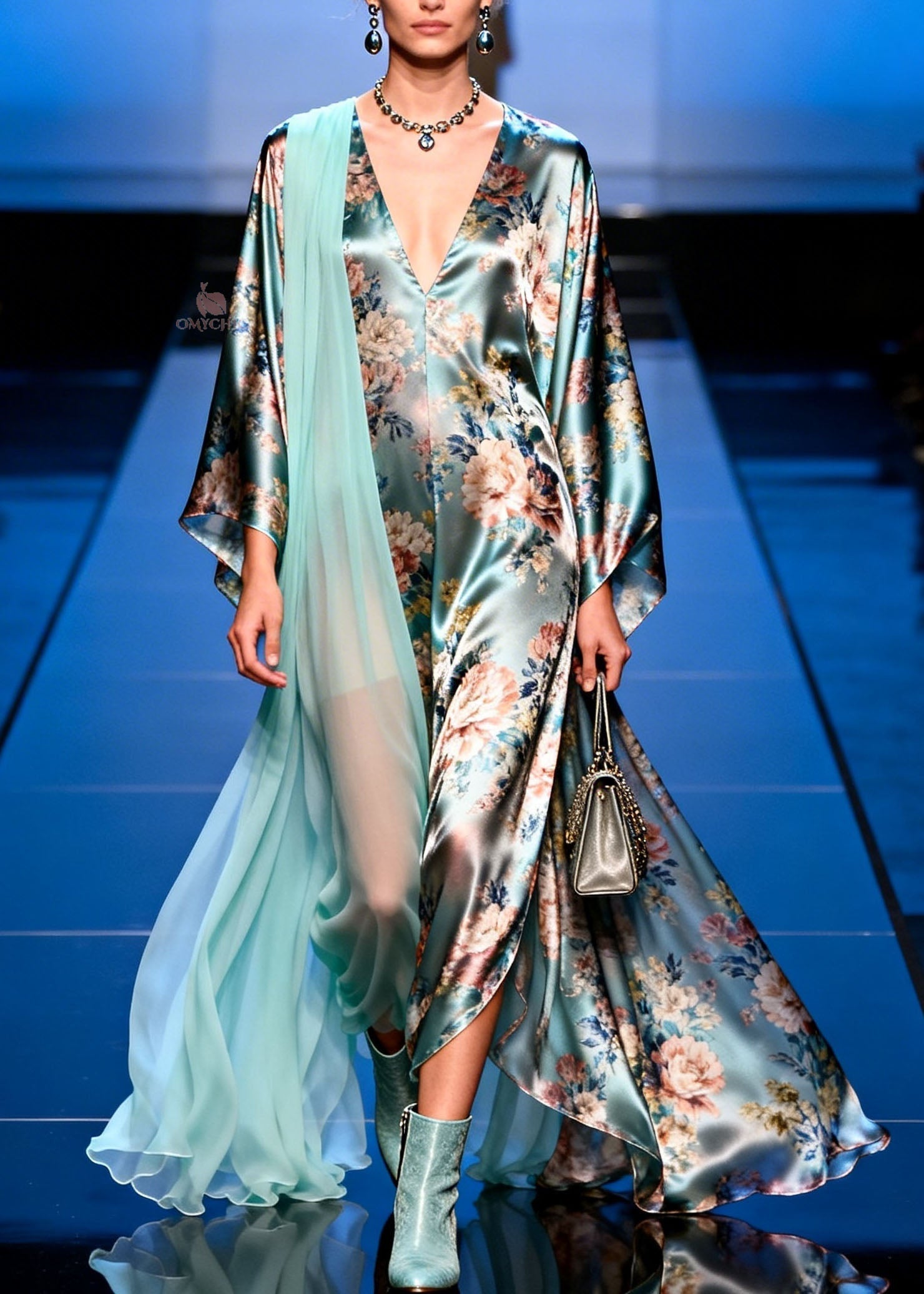 Satin Floral Print Deep V-Neck Kimono Sleeve Sheer Cape Trim High Split Maxi Gown