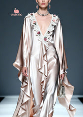 Unique V Neck Asymmetrical Design Ruffled Lace Floral Silk Dress Summer 2