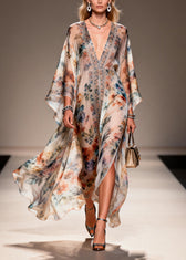 Unique V Neck Print Chiffon Maxi Dresses Spring