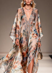 Unique V Neck Print Chiffon Maxi Dresses Spring 2