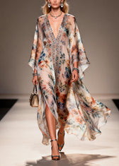 Unique V Neck Print Chiffon Maxi Dresses Spring 3