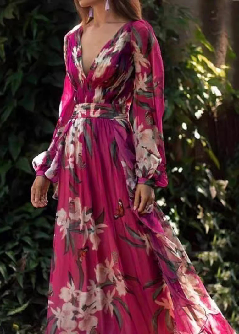Chiffon Deep V-Neck Floral Butterfly Print Bishop Sleeve Belted Maxi Gown