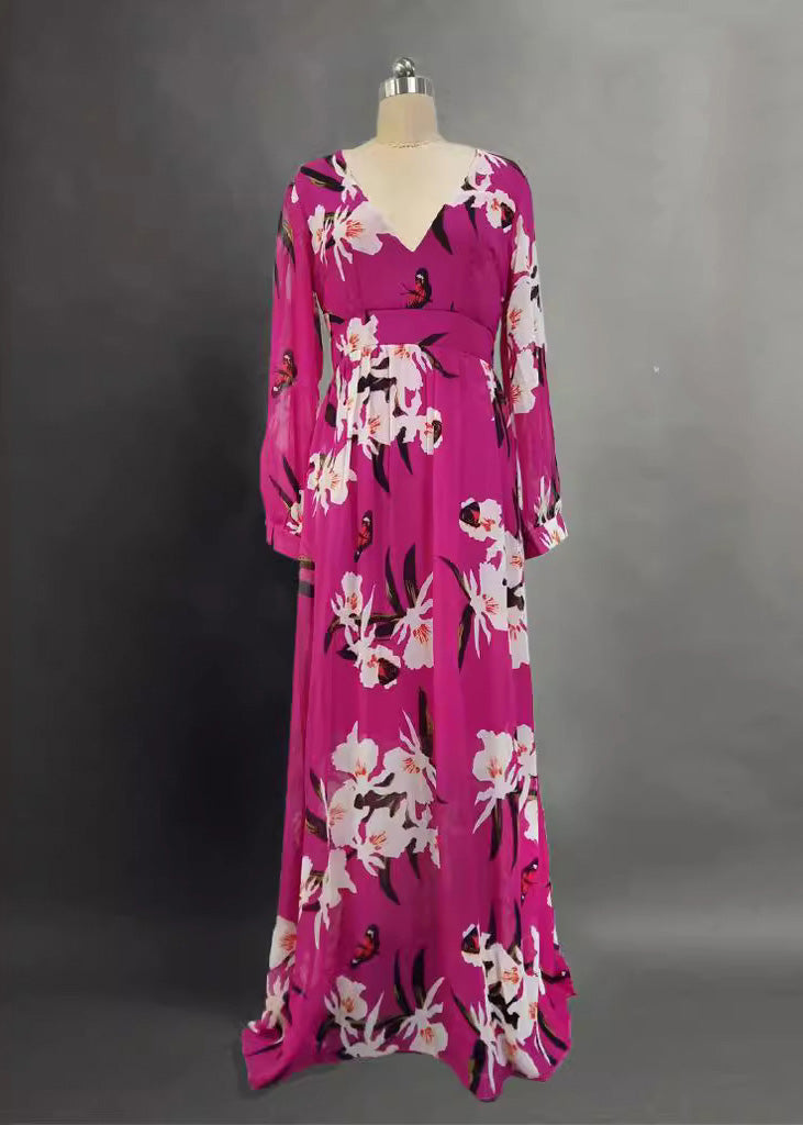 Chiffon Deep V-Neck Floral Butterfly Print Bishop Sleeve Belted Maxi Gown