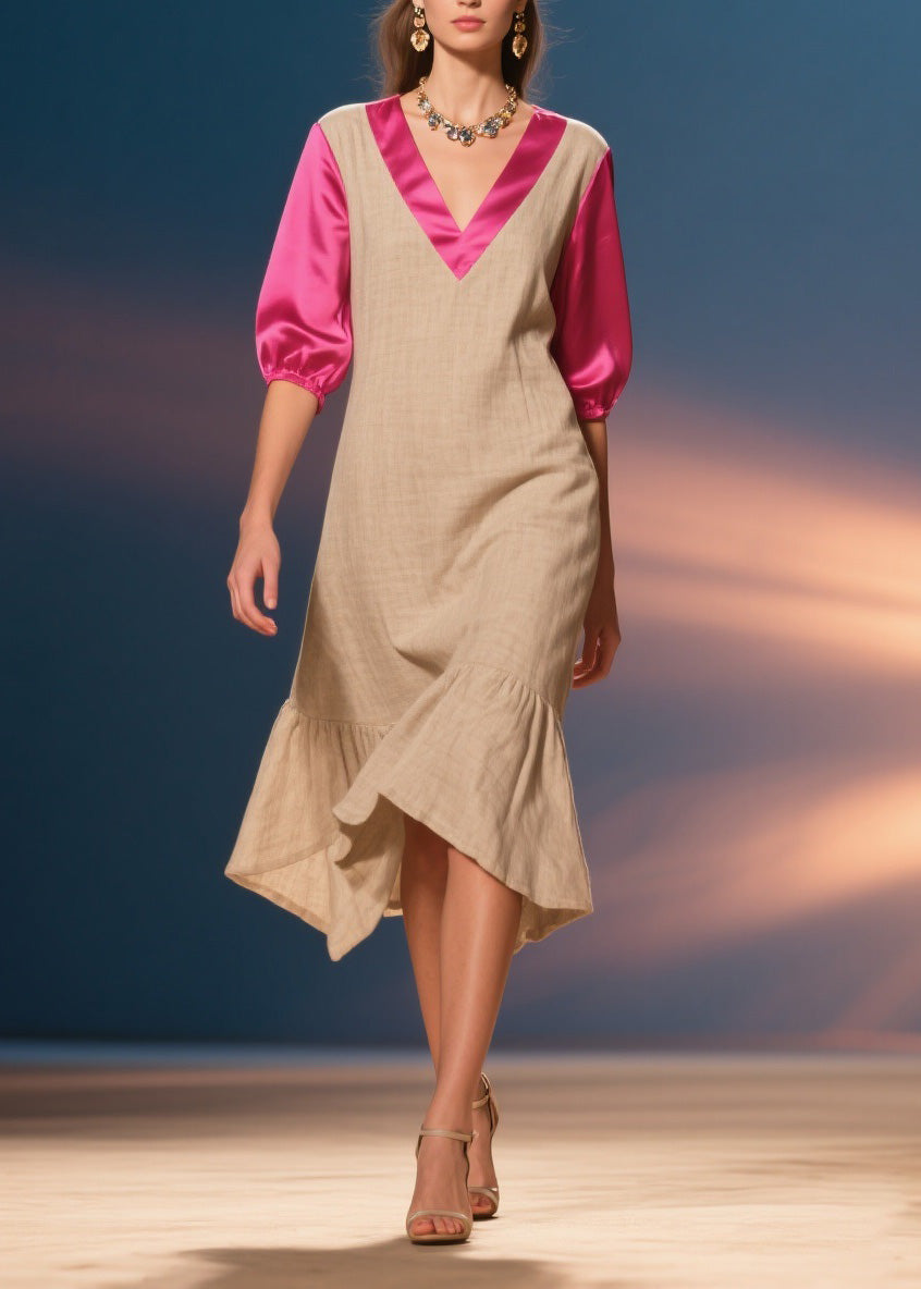 Deep V-Neck Puff Sleeve Satin Trim Relaxed Shift Ruffle Hem Midi Dress
