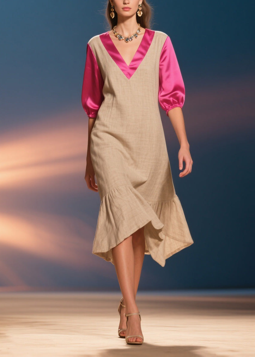 Deep V-Neck Puff Sleeve Satin Trim Relaxed Shift Ruffle Hem Midi Dress