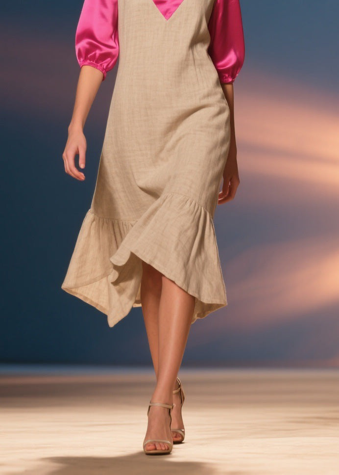 Deep V-Neck Puff Sleeve Satin Trim Relaxed Shift Ruffle Hem Midi Dress