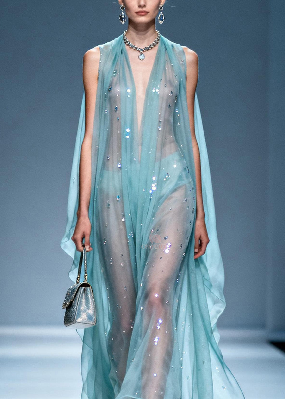 Sequin Scatter Deep V-Neck Cape Panel Ruffle Hem Sheer Maxi Gown