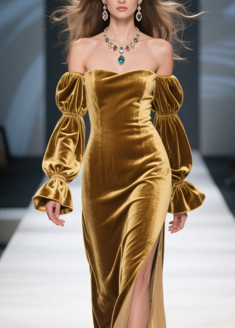 Velvet Off Shoulder Tiered Bishop Sleeve High Split Maxi Gown