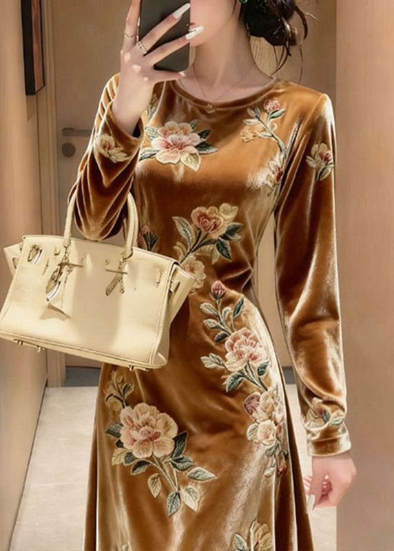 Unique Yellow O-Neck Embroidered Floral Silk Velvet Maxi Dresses Fall 2