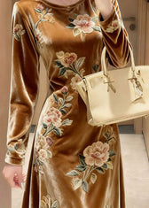 Unique Yellow O-Neck Embroidered Floral Silk Velvet Maxi Dresses Fall 3