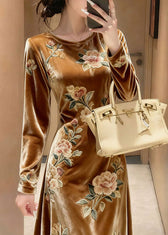 Unique Yellow O-Neck Embroidered Floral Silk Velvet Maxi Dresses Fall 4