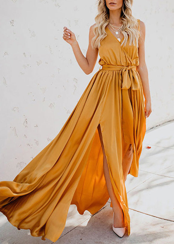 Satin Wrap V-Neck Sleeveless Tie Waist High Split Maxi Gown