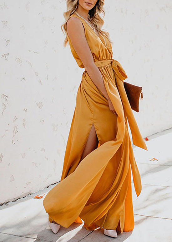 Satin Wrap V-Neck Sleeveless Tie Waist High Split Maxi Gown