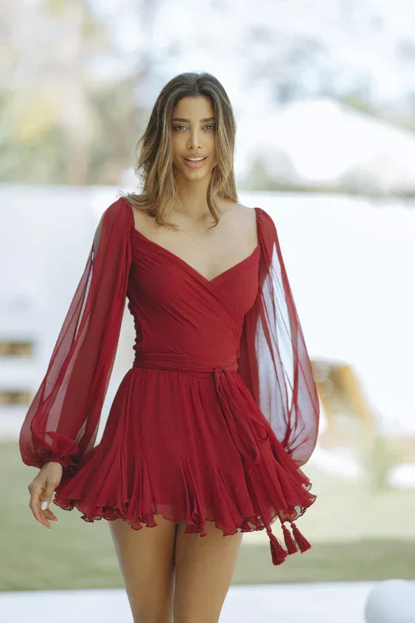 Chiffon Wrap V-Neck Split Balloon Sleeve Tie Waist Ruffle Mini Dress 46