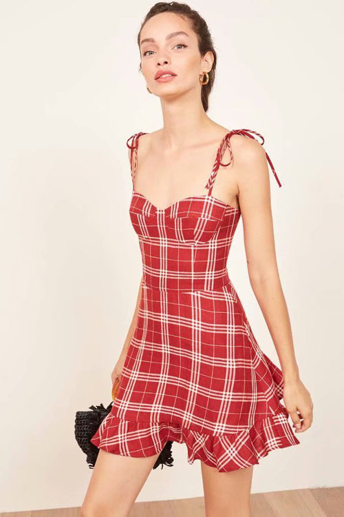 Tied-up Tartan Skater Mini Dress - 2 Colors Red