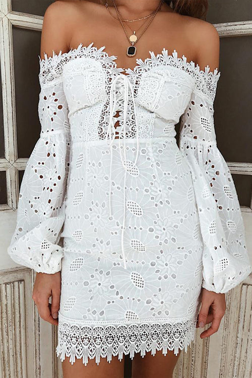 Eyelet Lace Off Shoulder Lantern Sleeve Lace Up Front Mini Dress