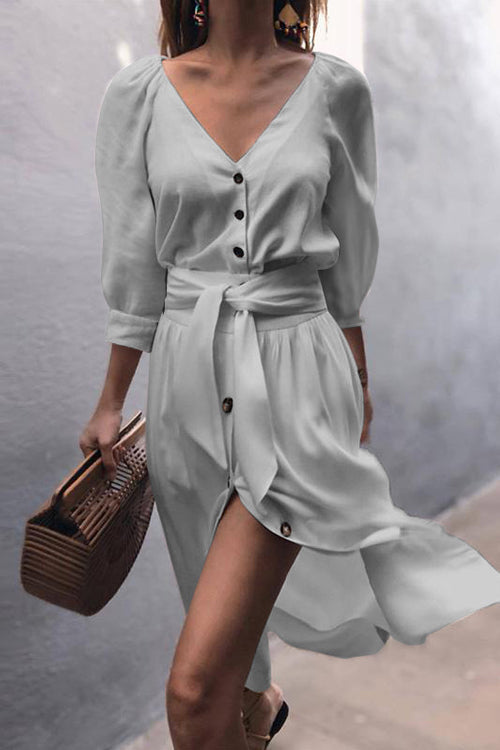 Chic Love Princess Button Ties-Up Midi Dress - 4 Colors Grey