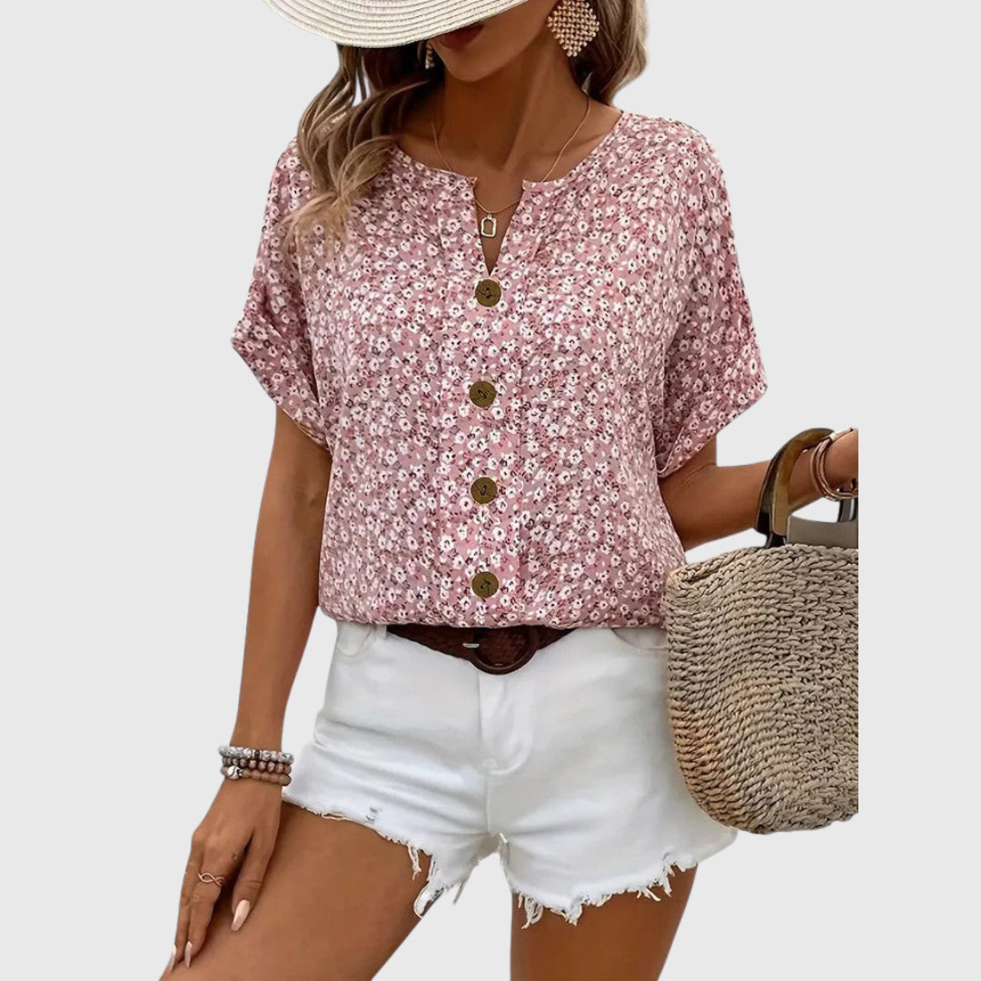 Floral Button Front Short Sleeve Blouse