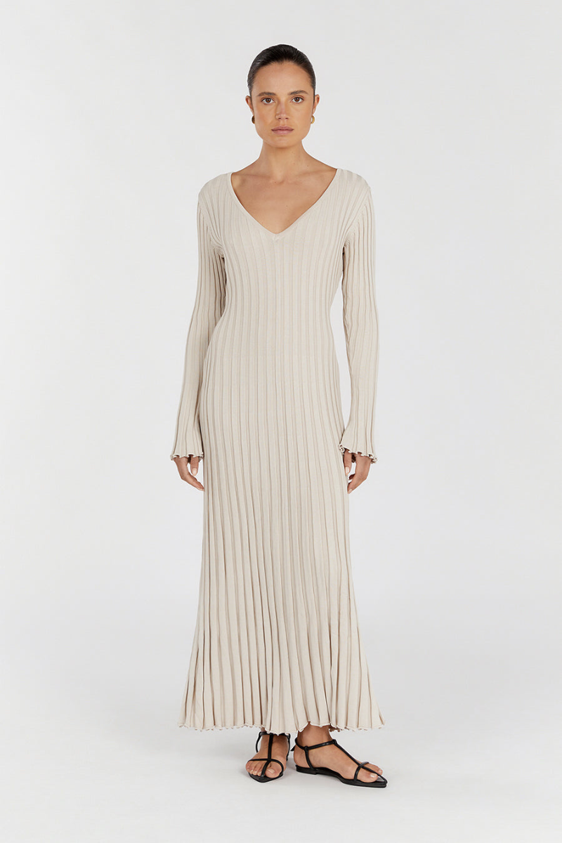 Minimalist Verónica Midi Dress with V Neck and Knitted Sleeves Elevated Occasion Wear