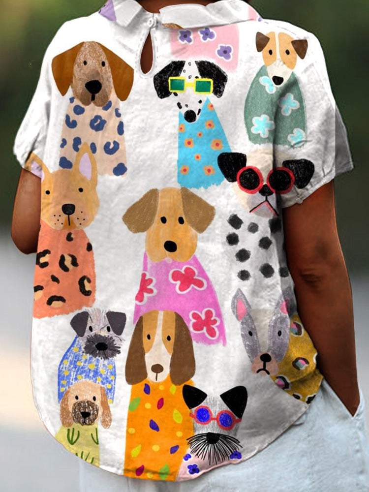 Dog Print Collared Short Sleeve Button Front Blouse