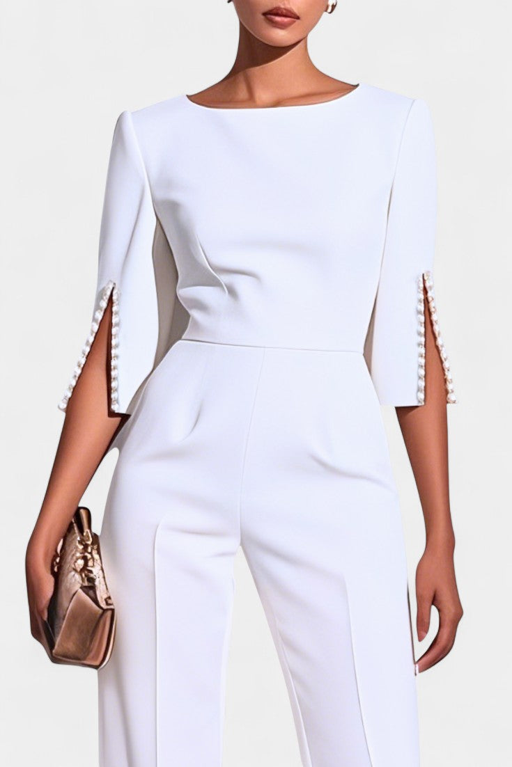 Boat Neck Pearl Trim Split Sleeve Wide Leg Jumpsuit