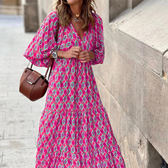 V-Neck Puff Sleeve Tiered Maxi Dress Boho 14