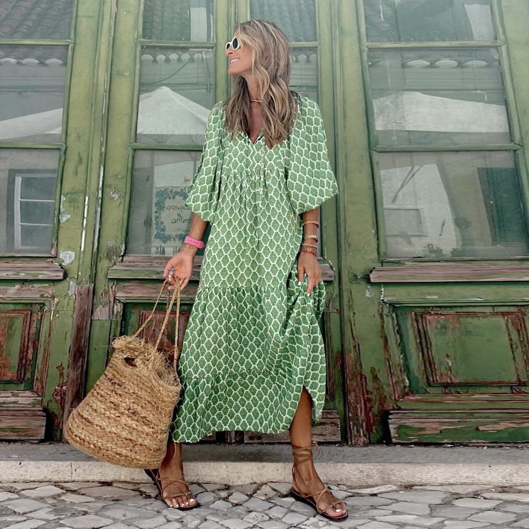 V-Neck Puff Sleeve Tiered Maxi Dress Boho 19
