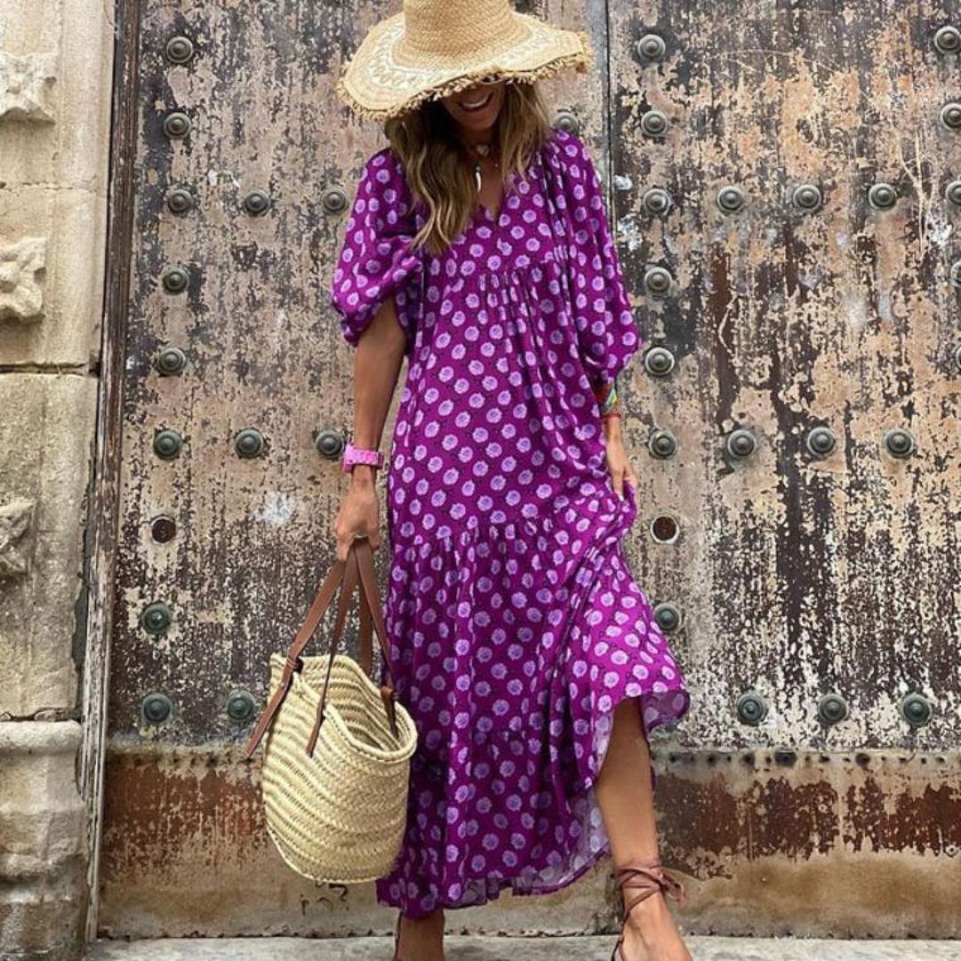 V-Neck Puff Sleeve Tiered Maxi Dress Boho 26