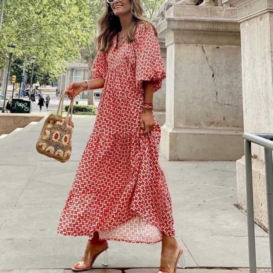 V-Neck Puff Sleeve Tiered Maxi Dress Boho 24