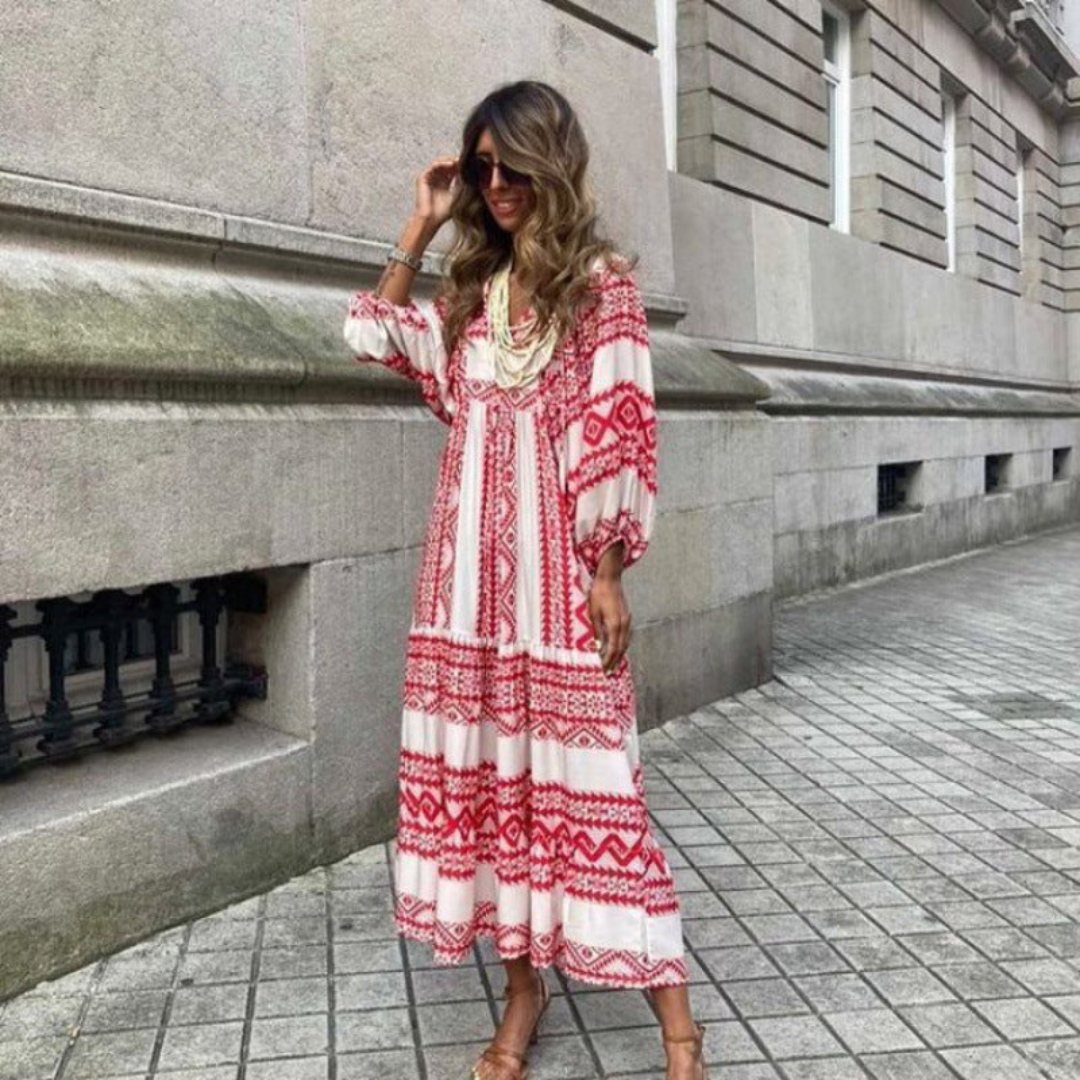 V-Neck Puff Sleeve Tiered Maxi Dress Boho 25