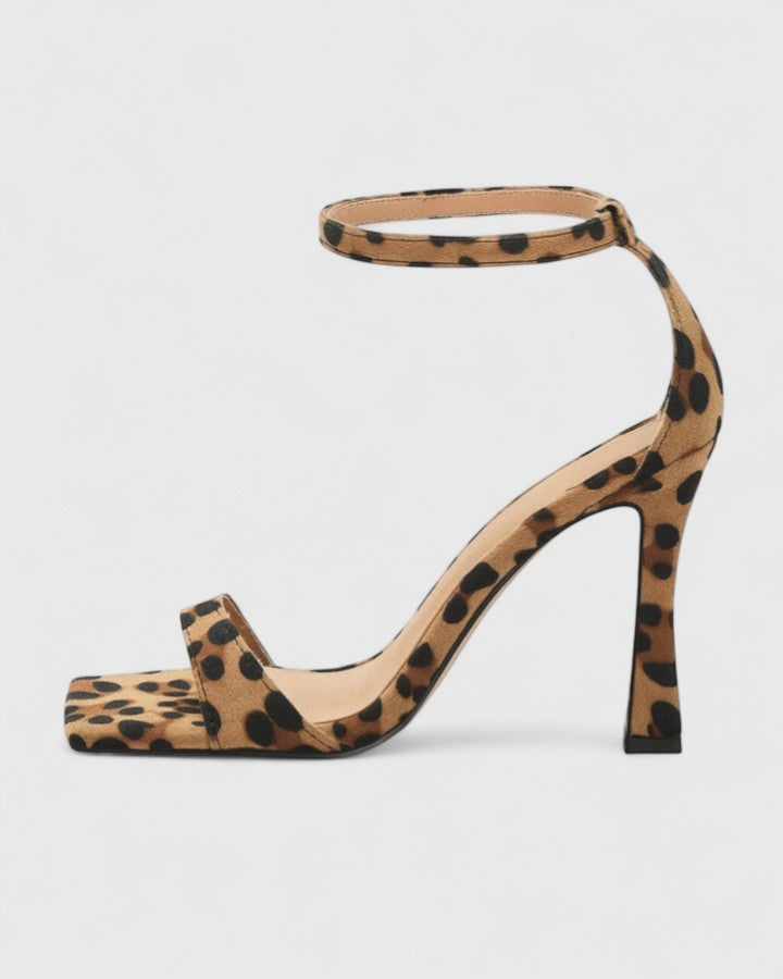 Leopard Print Ankle Strap Square Toe Heeled Sandals