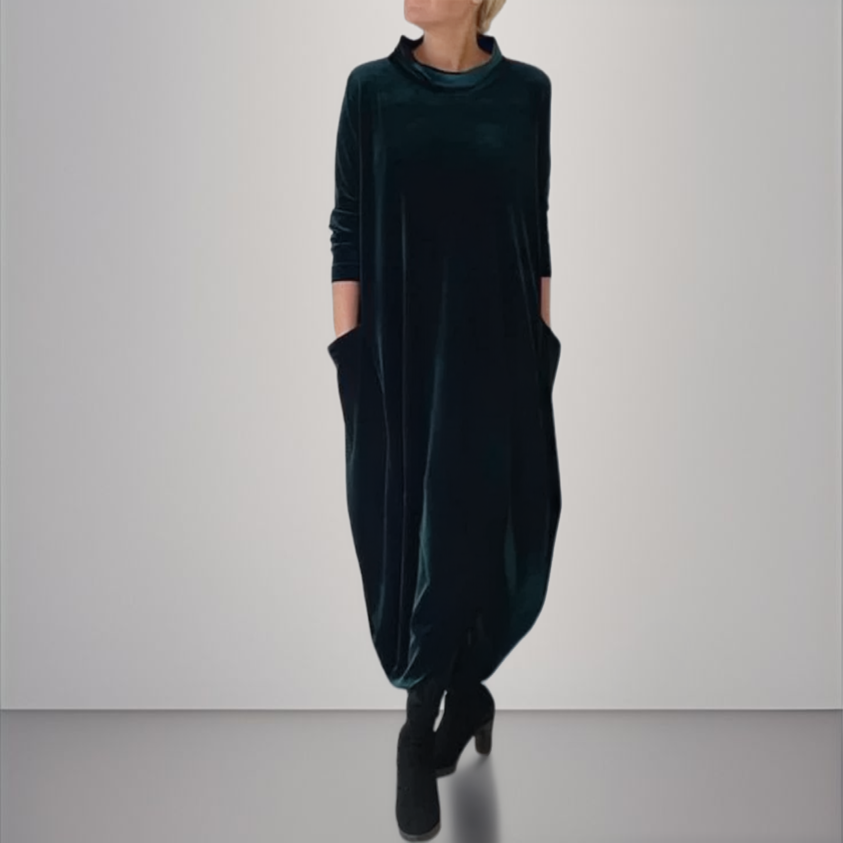 Velvet High Neck Long Sleeve Pocket Cocoon Maxi Dress