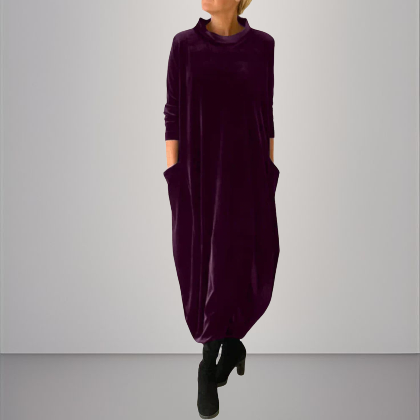 Velvet High Neck Long Sleeve Pocket Cocoon Maxi Dress 5