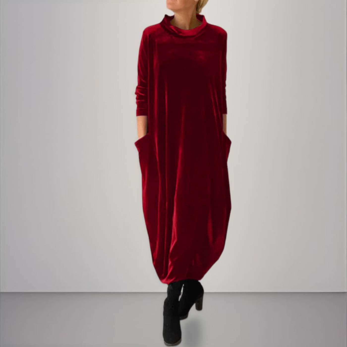 Velvet High Neck Long Sleeve Pocket Cocoon Maxi Dress 2