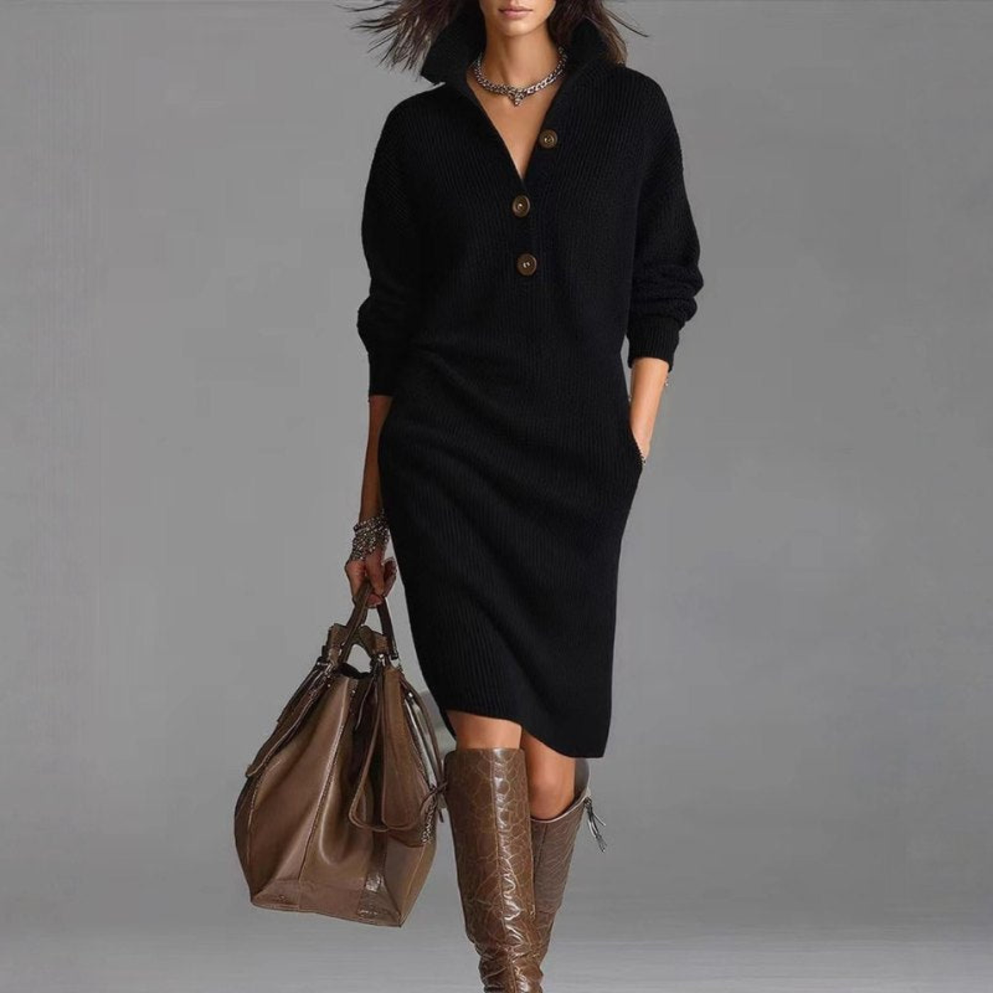 Knit High Neck Long Sleeve Button Shift Midi Dress 11