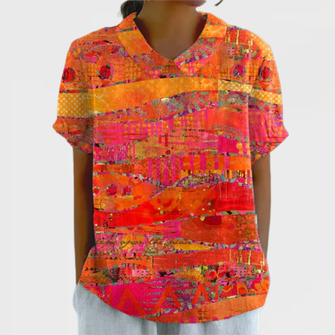 Abstract Print Collared Short Sleeve Top