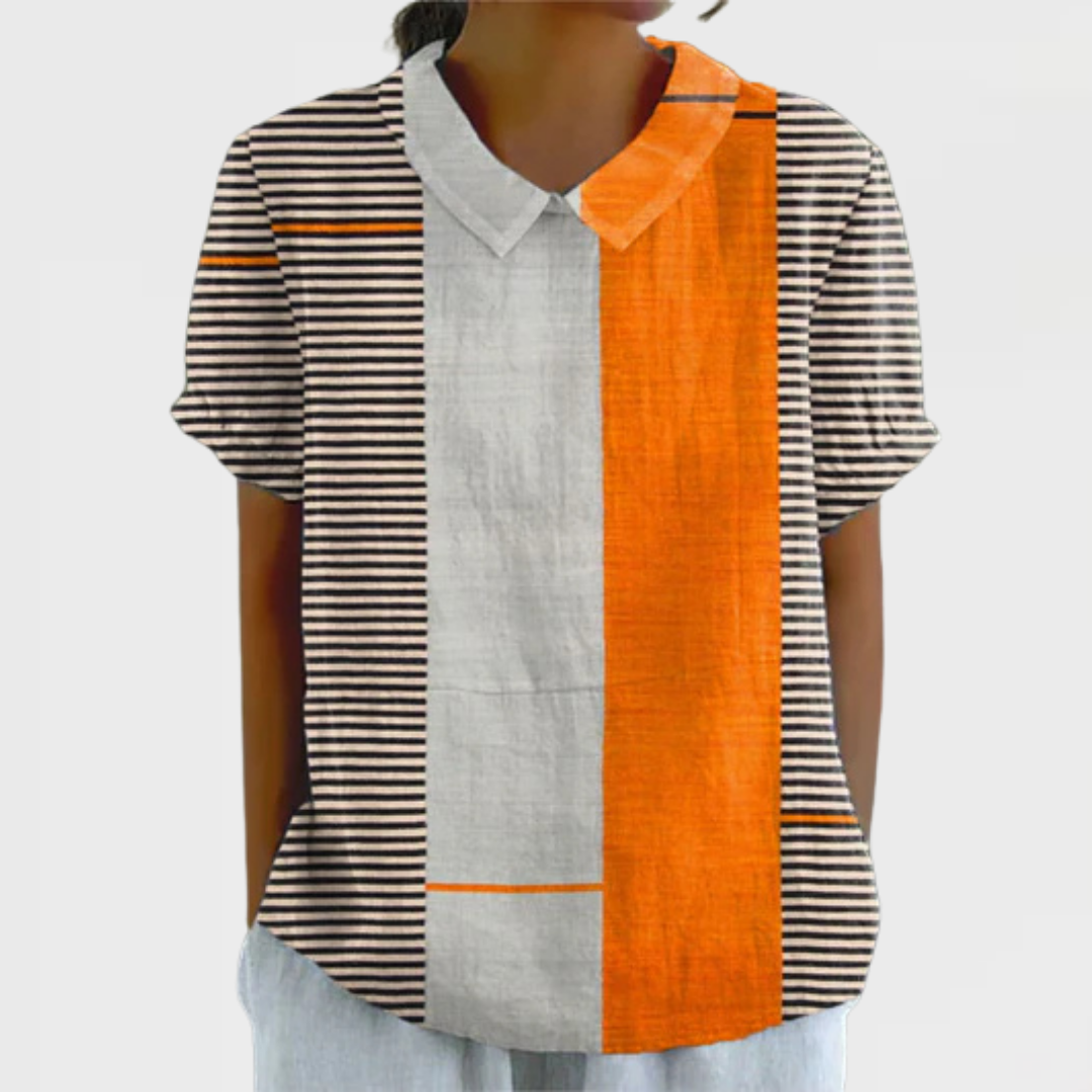 Color Block Striped Short Sleeve Collared Shirt